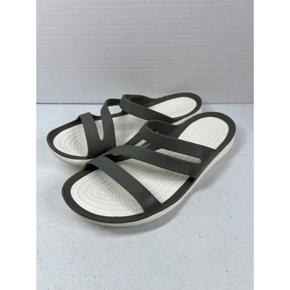 Crocs Swiftwater Sandal Womens 7 Charcoal Gray White Strappy Water Shoes 203998